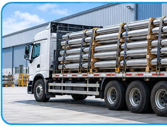 Stainless steel pipes loaded for industrial dispatch